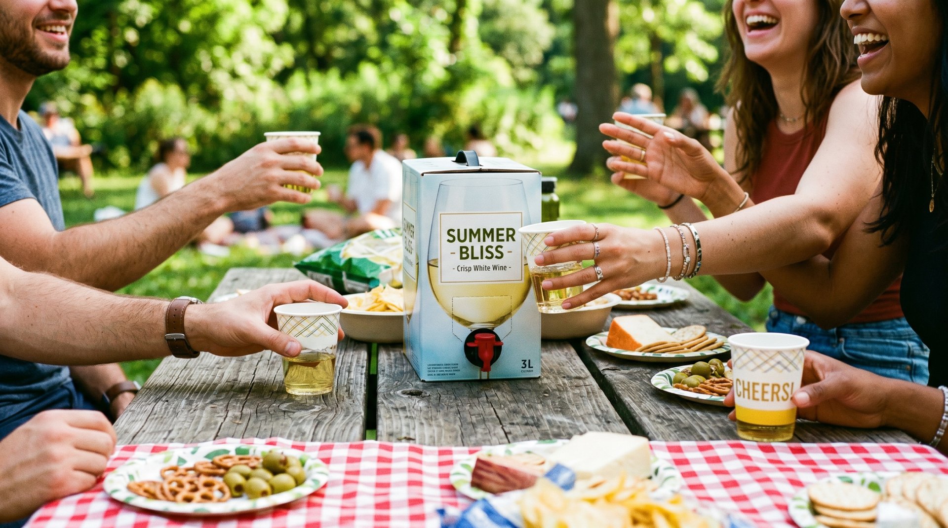 foto von einem picnic, lachenden menschen haben ein glas wein in der hand und sitzen gemeinsam audf einer decke mit bag in box wein