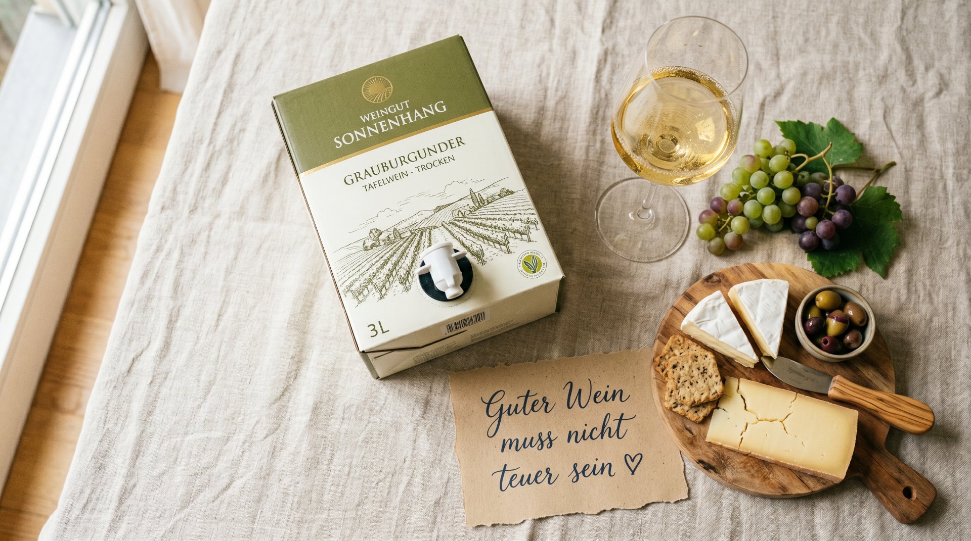 bild von einem bag in box paket auf dem tisch liegend, daneben eine Platte mit Käse und weintrauben