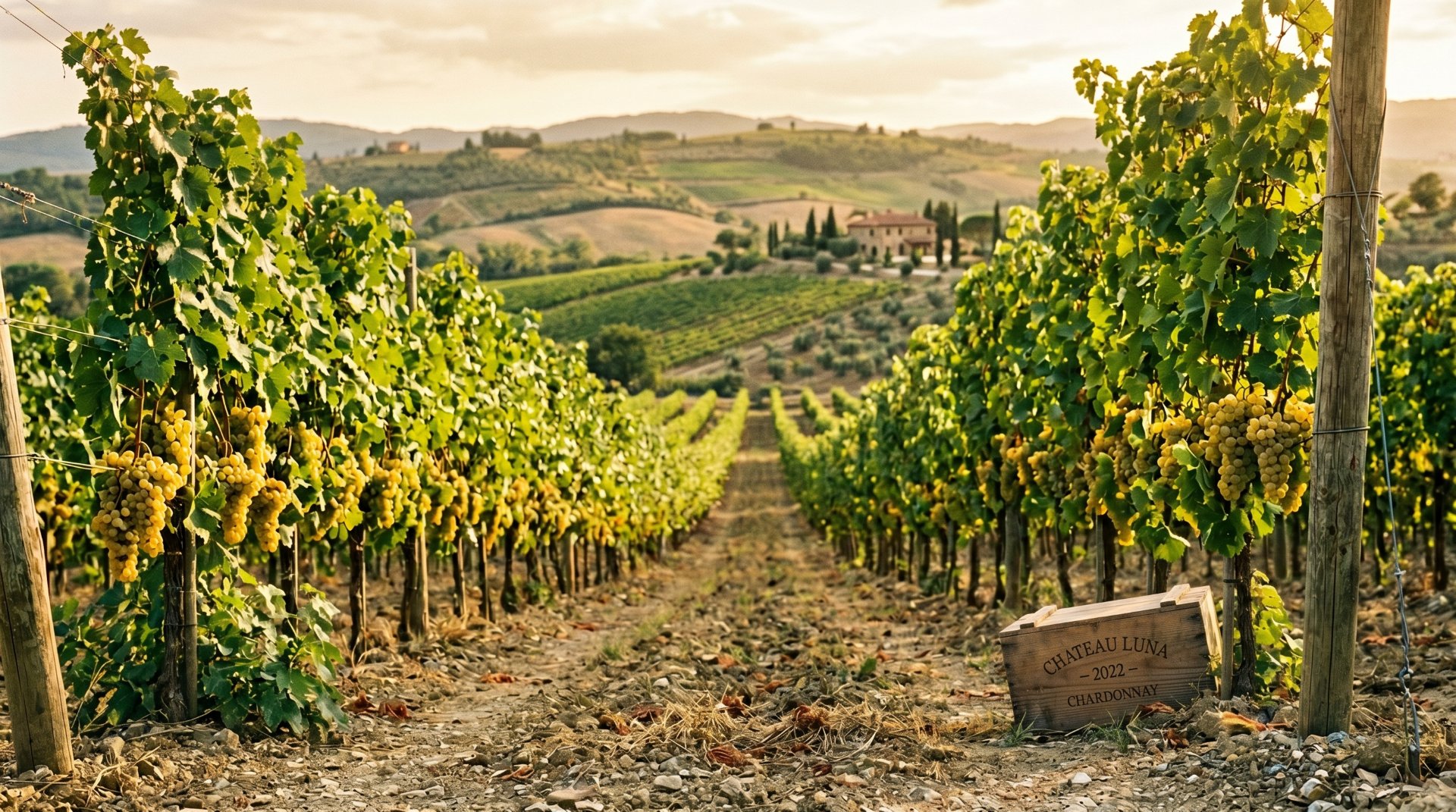 realistisches Bild von weinreben, hintergrund ist sehr h&uuml;gelig und vorne rechts i Bild ist eine Holzkiste zu sehen