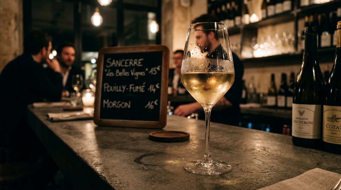 dunkel gehaltenes bild von eienr bar theke mit einem glas weißwein und einer kreidetafel mit dem wein menü