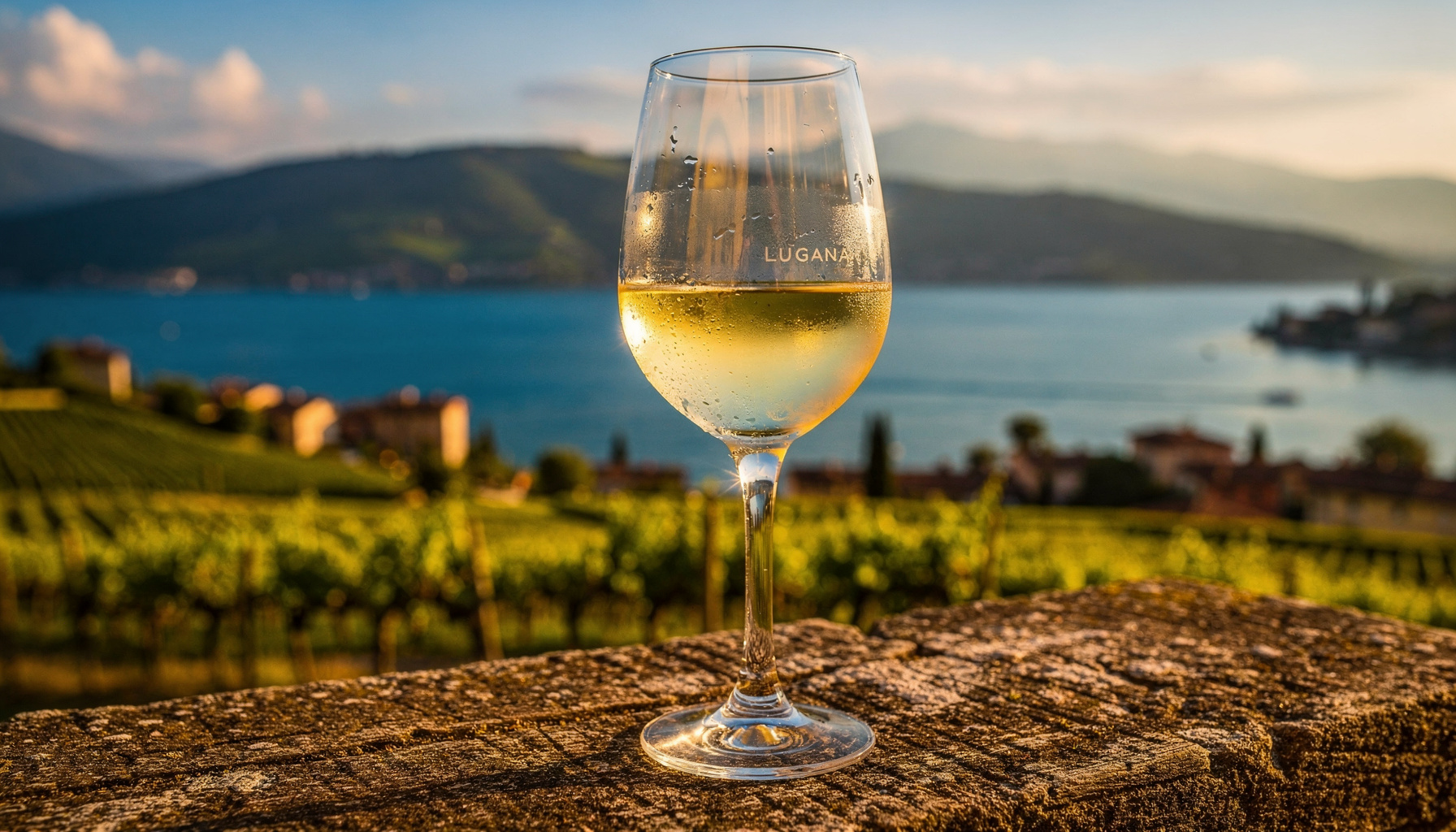 Bild von einem Glas Lugana wei&szlig;wein, im Hintergrund ist Natur zu sehen und auch das Meer