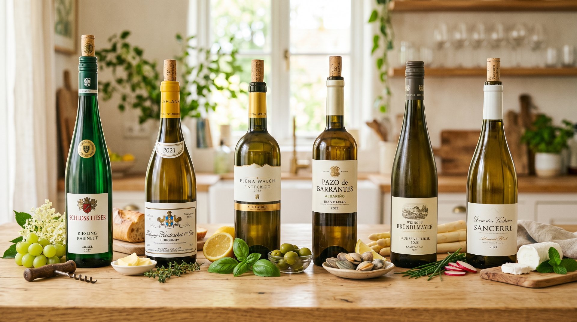 4 flaschen wei&szlig;wein nebeneinander, alle eine andere art und sorte, daneben liegen fr&uuml;chte 