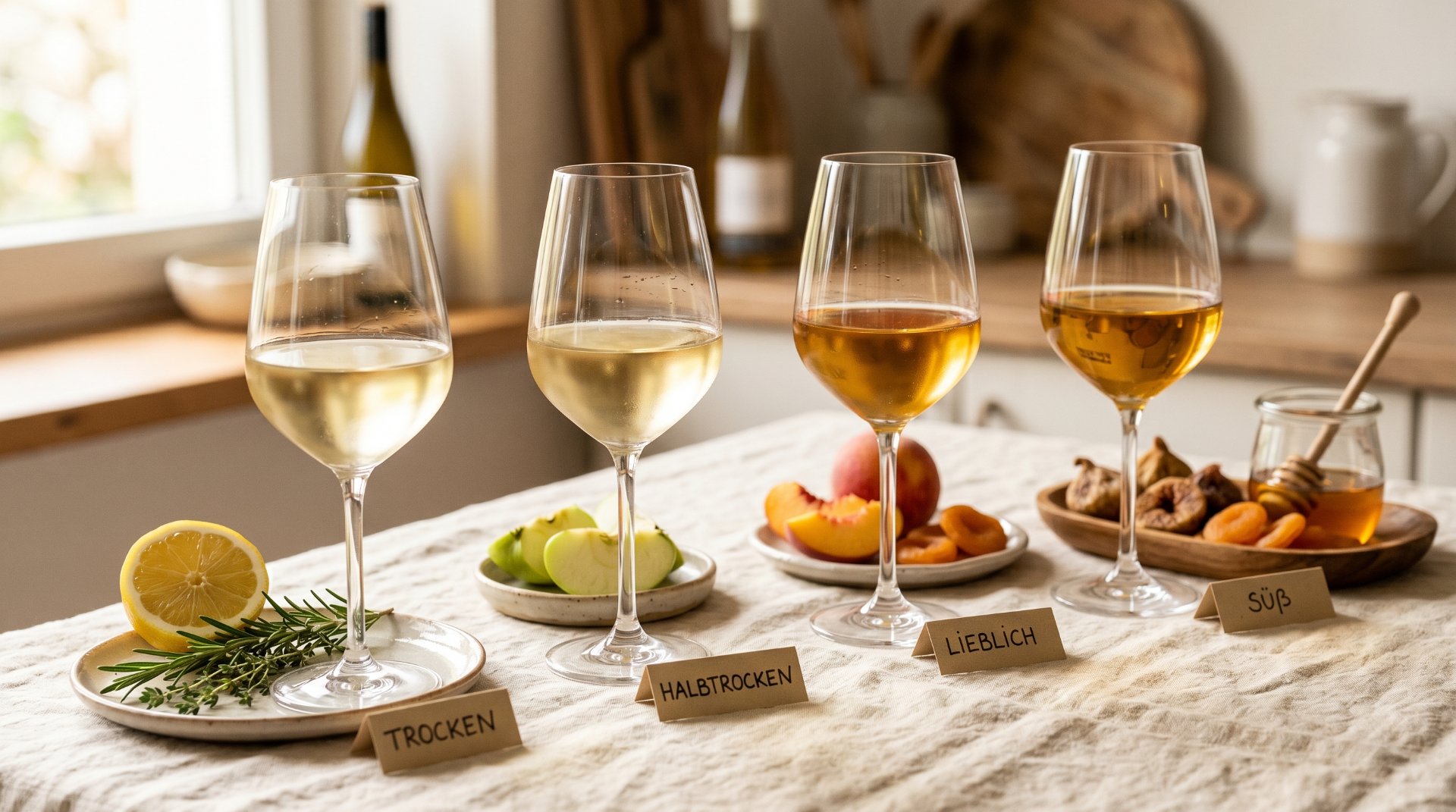 4 gl&auml;ser wei&szlig;wein nebeneinander, der wein hnat in allen gl&auml;sern eine unterschiedliche Farbe, danben liegn fr&uuml;chte und kleine Schilder, die Hinweise zu dem Geschmack liefern