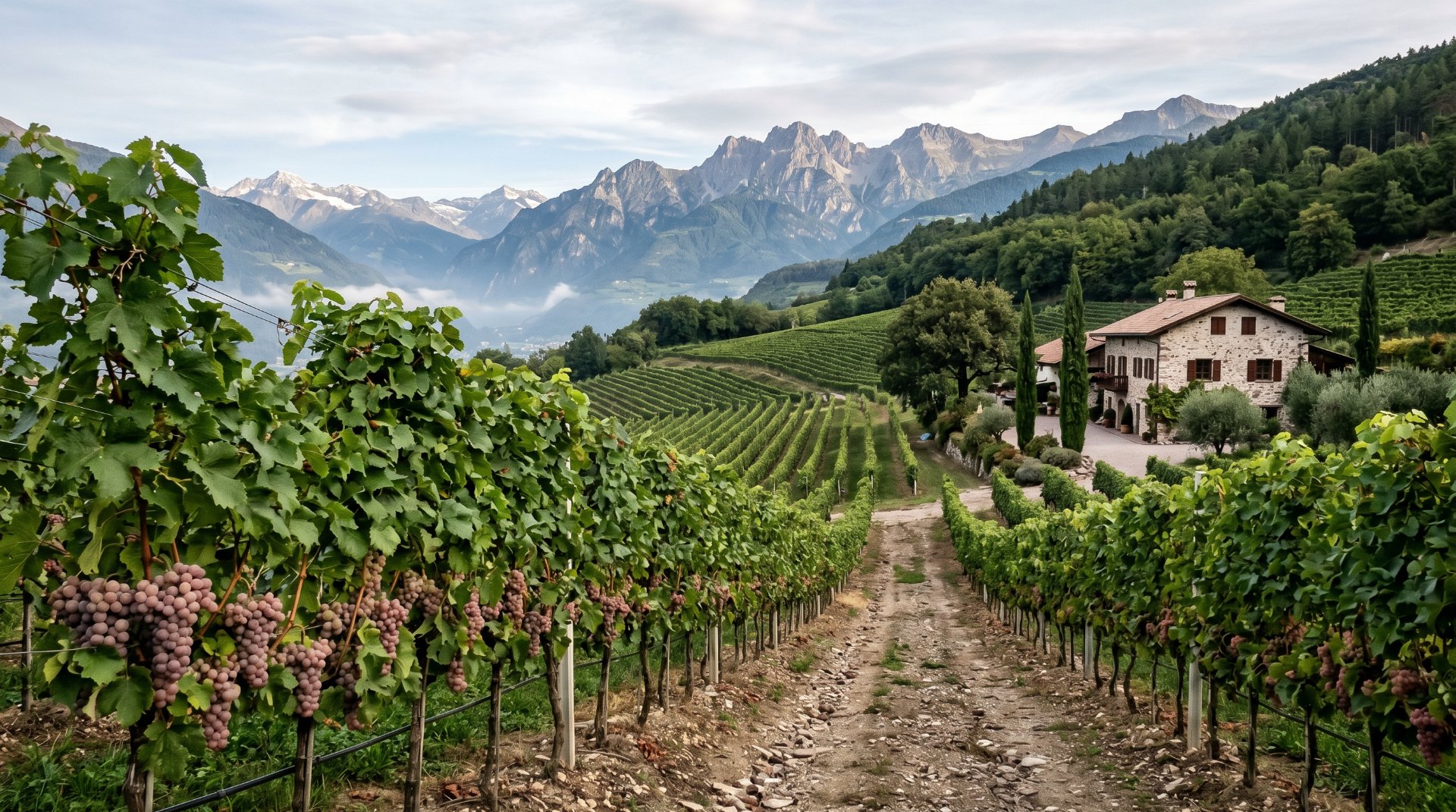 realistisches Foto von weinreben i Italien, im Hintergrund Häuser und Berge