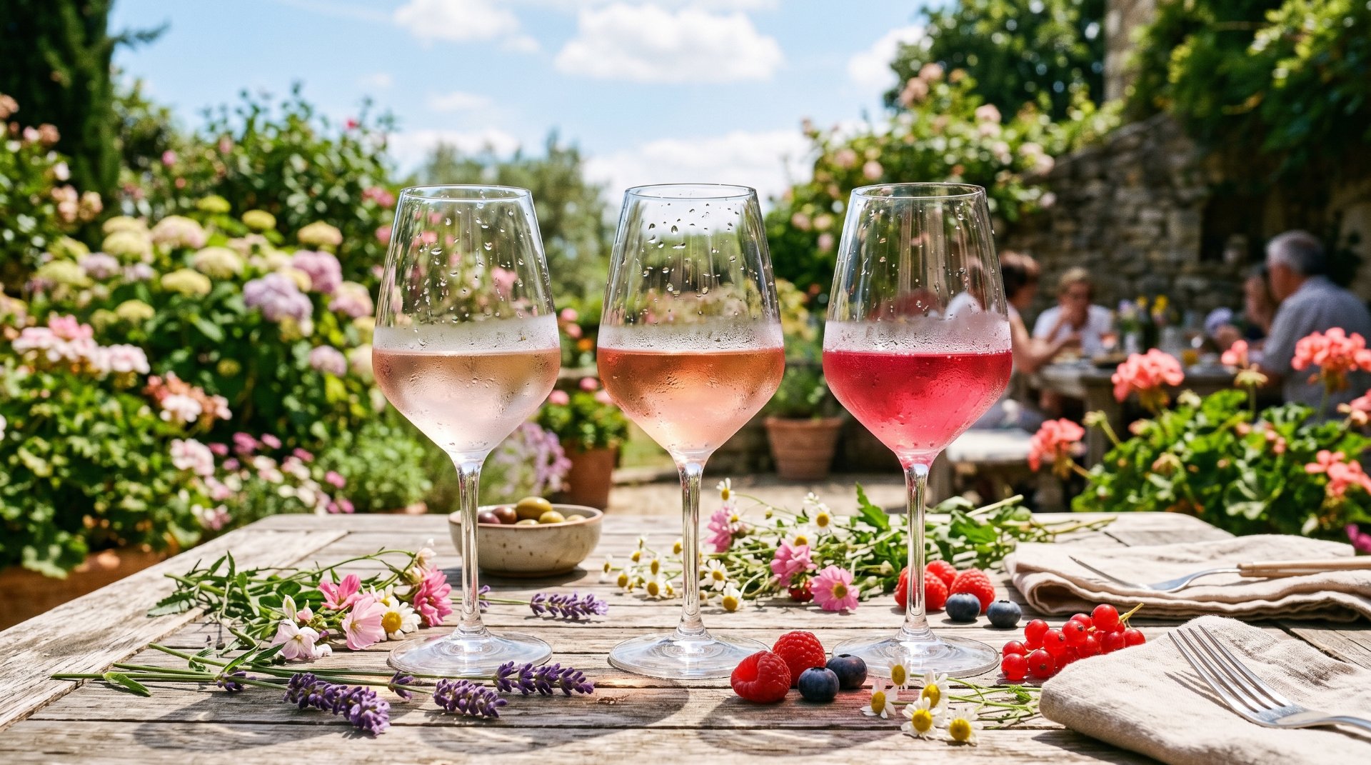 3 weingläser auf dem Tisch mit verschiedenen rosa farben, auf dem Tisch liegen rosa blümchen