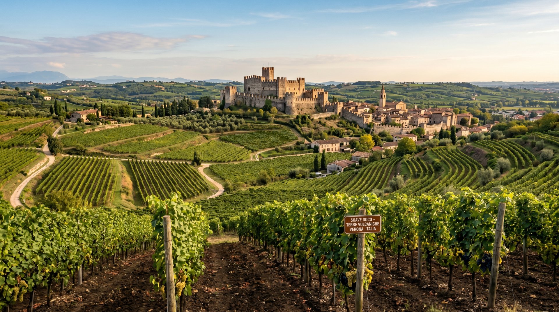 Bild von weinreben in Frankreich, viel gr&uuml;ne Natur udn eine Burg im Hintergrund