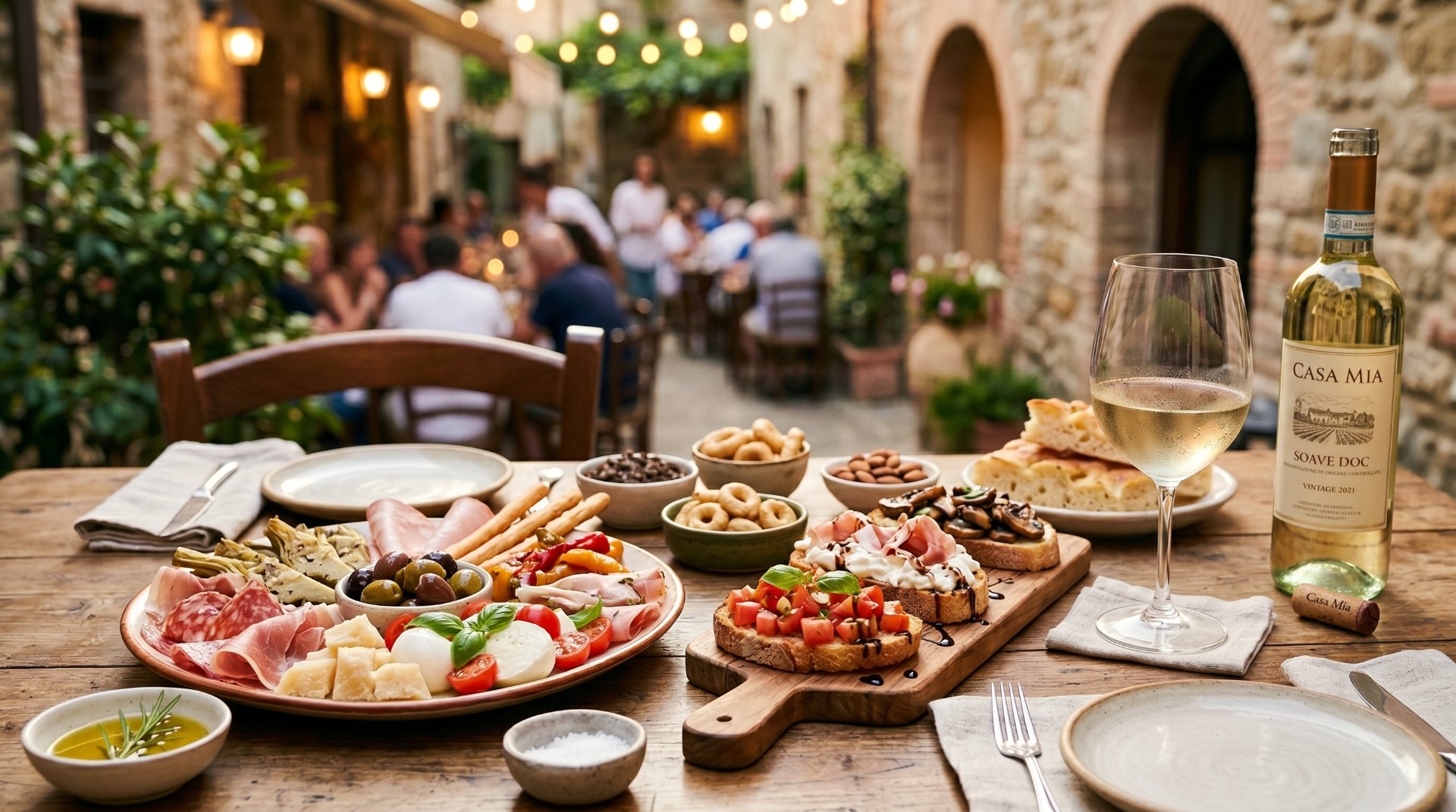 Tisch mit ganz vielen kleinen Tellern drauf und Tapas, rechts auf dem Tisch ist ein glas wei&szlig;wein