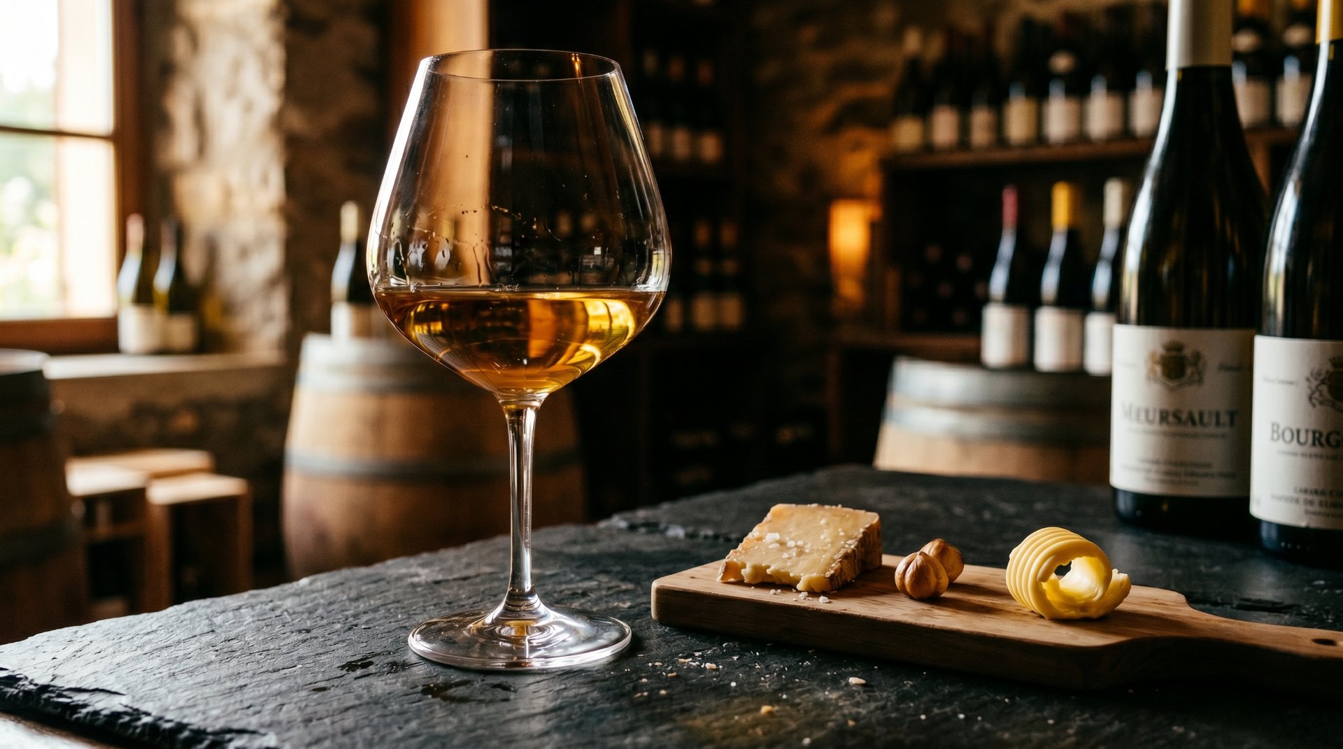 ein dunkler raum mit einem glas wei&szlig;wein auf dem tisch und daneben steht ein teller mit k&auml;se und n&uuml;ssen