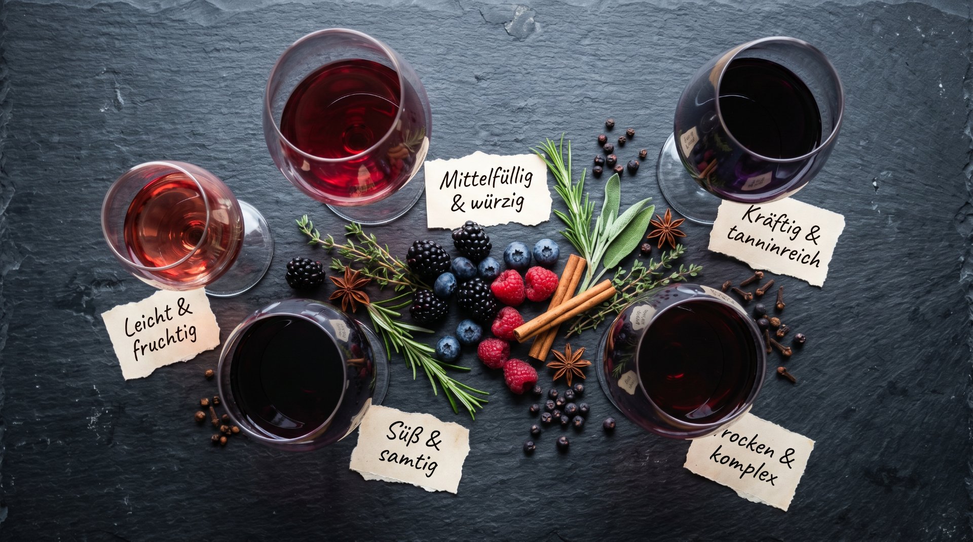 Bild von 4 verschiedenen Weingl&auml;sern mit Rotwein, die alle einen unterschiedlichen Rotton haben daneben stehen kleine Schilder mit beschreibungen zum Geschmack