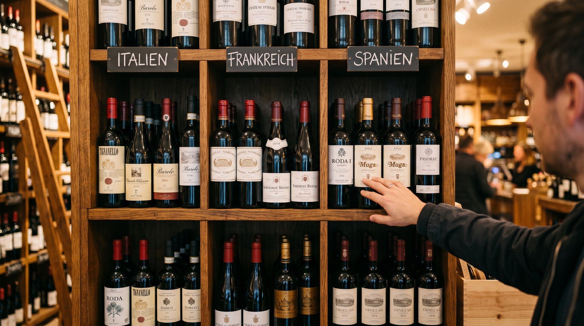 Bild von einem weinregal mit vielen verschiedenen weinen aufgeteilt nach L&auml;ndern