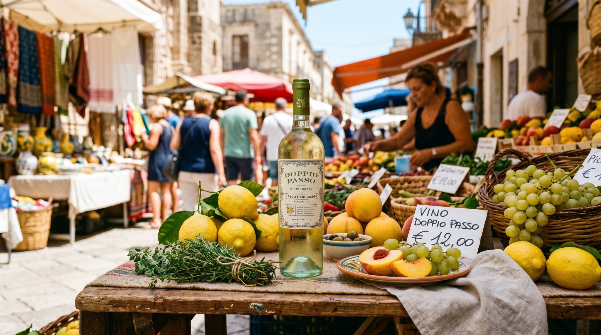 bild von einem sizilianischen markt, im Vordergrund eine flasche doppio passo wei&szlig;wein