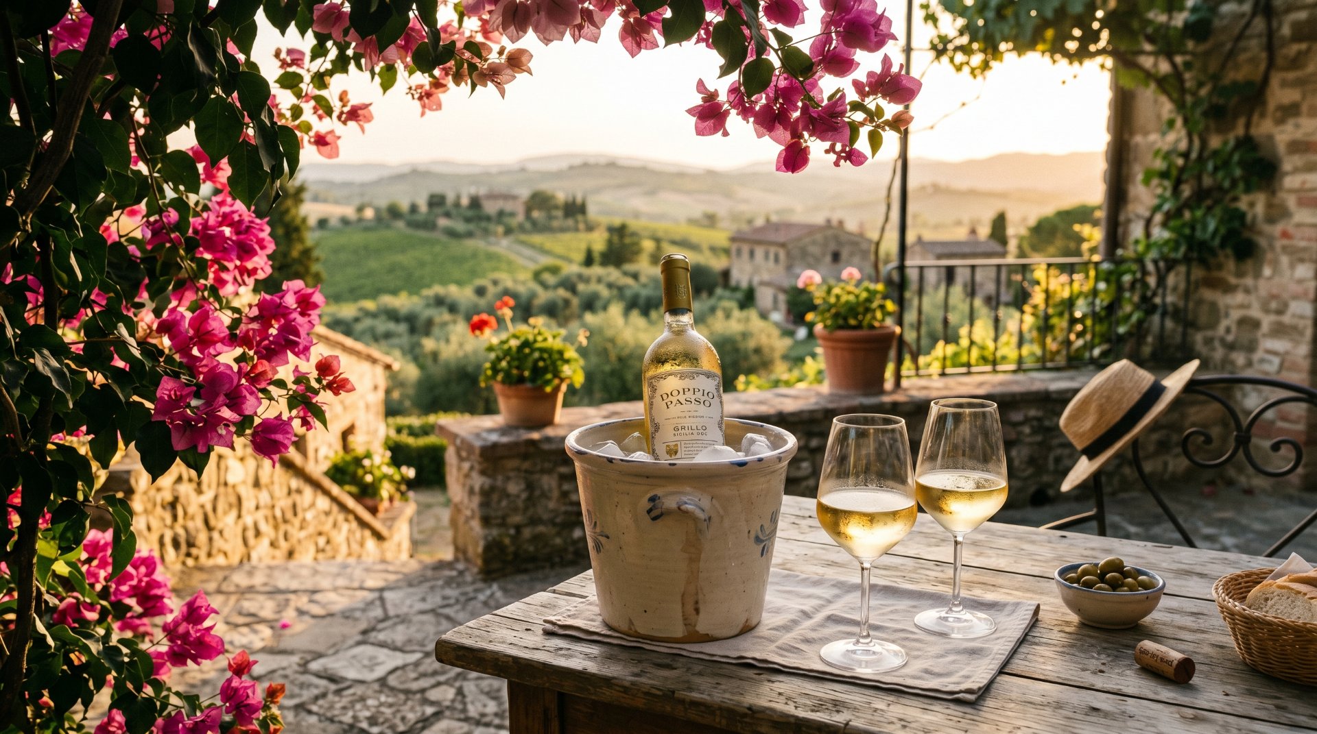 bild von. einer sommerlichen terasse mit einer flasche doppio passo wei&szlig;wein auf dem tiasch, links und rechts am rand sind rosa blumen und im Hintergrund sieht man die natur