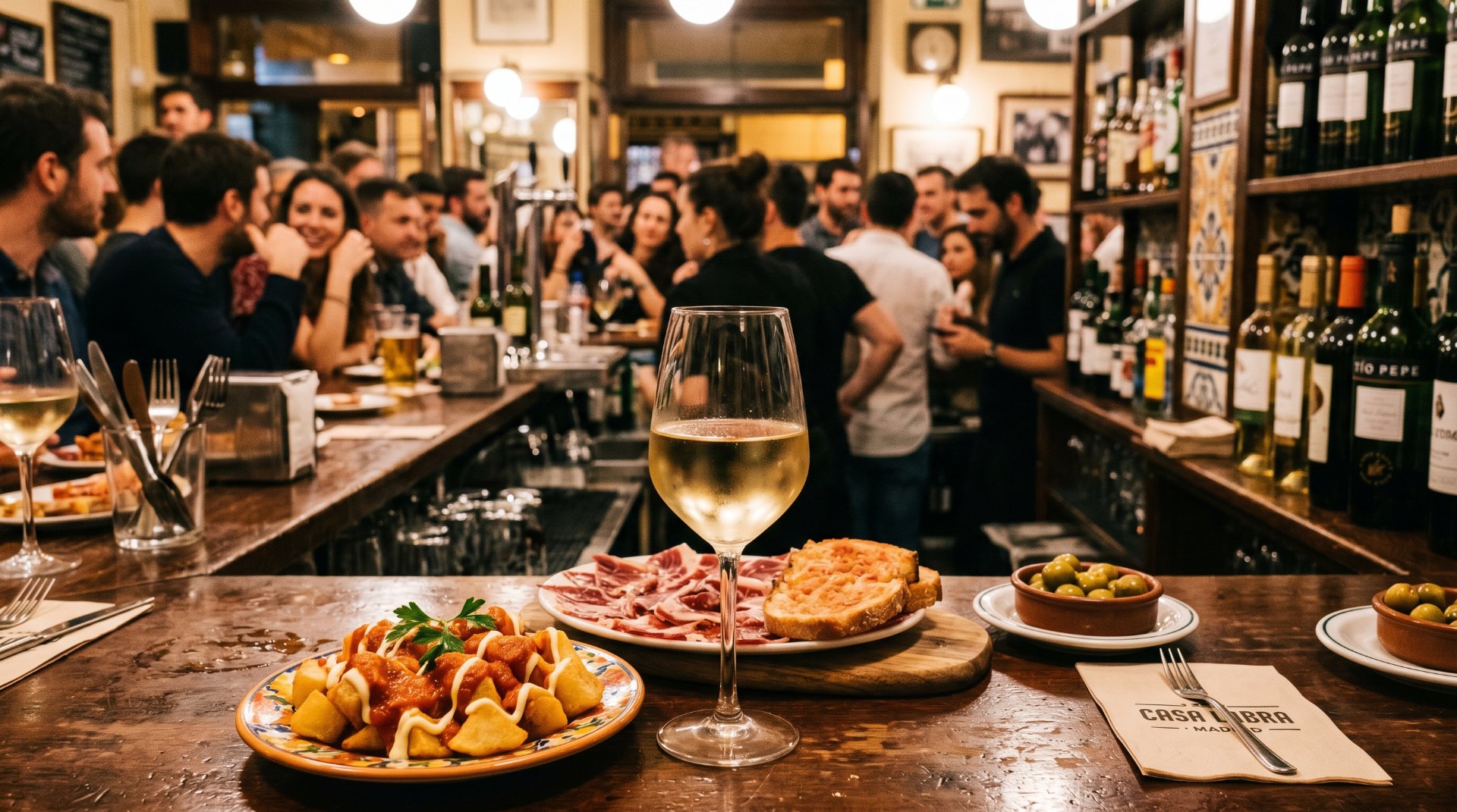 Bild von einer belebten bar mit vielen menschen im Hintergrund, im Vordergrund steht ein Glas weisswein udn ein Teller mit kleinen vorspeisen.