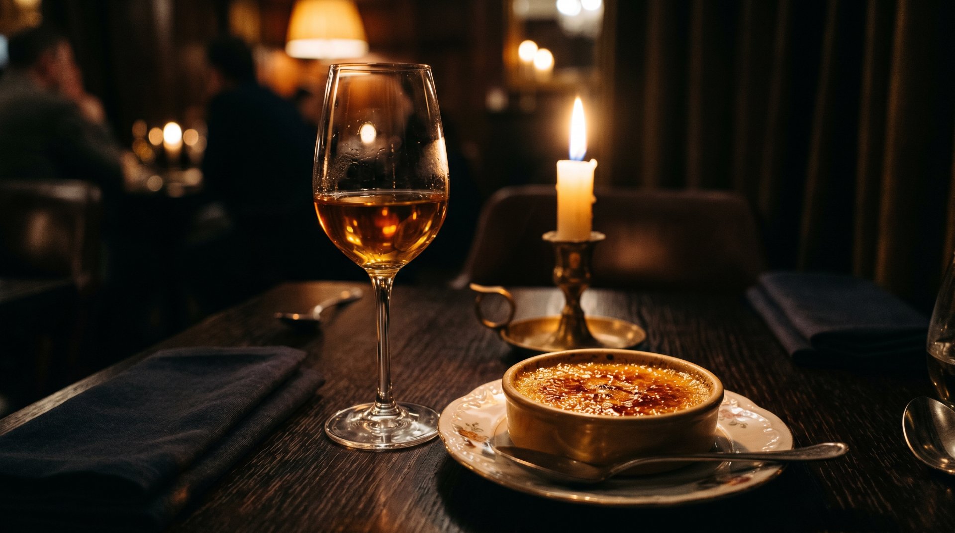 Dunkler raum, im Mittelpunkt steht ein Glas mit weißwein udn daneben rechts steht ein kleiner teller mit Käse und nüssen