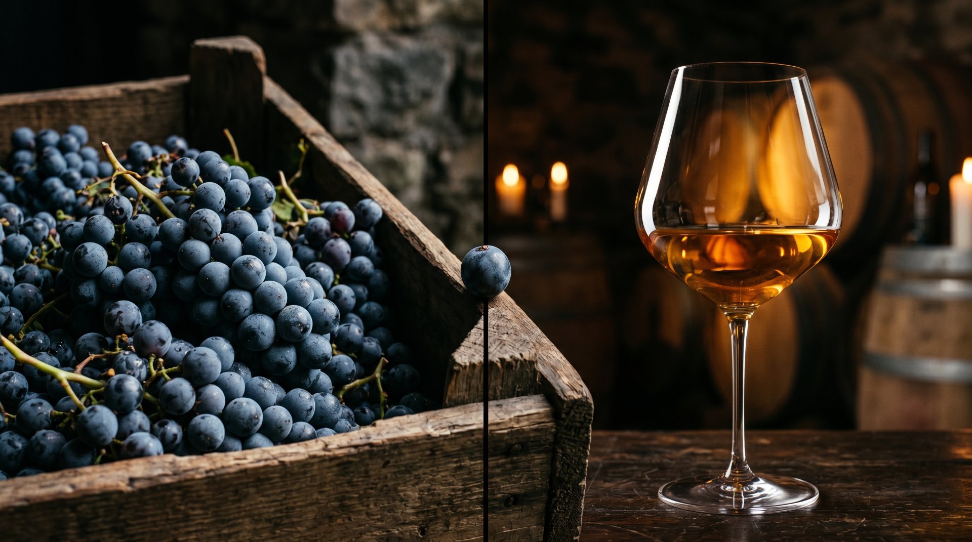 bild von dunklen dicken trauben, rechts davon ein glas wein