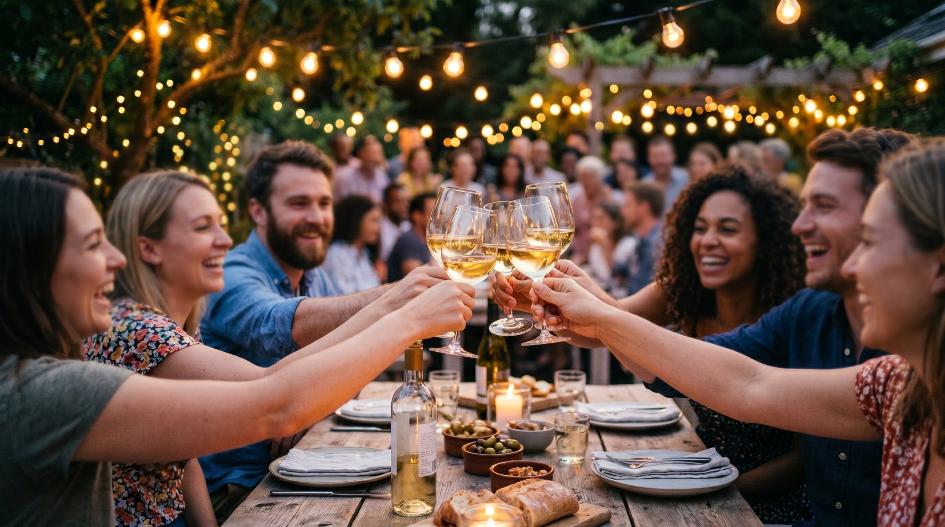 Foto von fröhlichen menschen an einem Tisch, die mit einem Glas Wein antsoßen