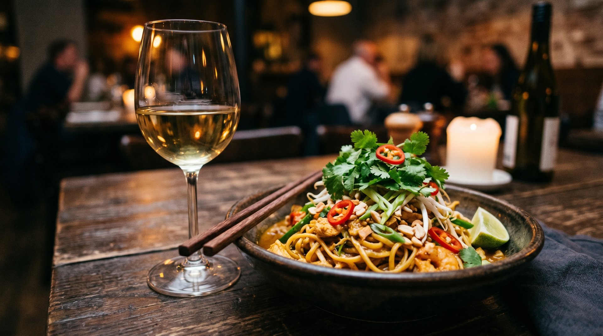 Foto von einem Glas Wein auif einem Tisch mit einem Teller mit asiatischem essen daneben