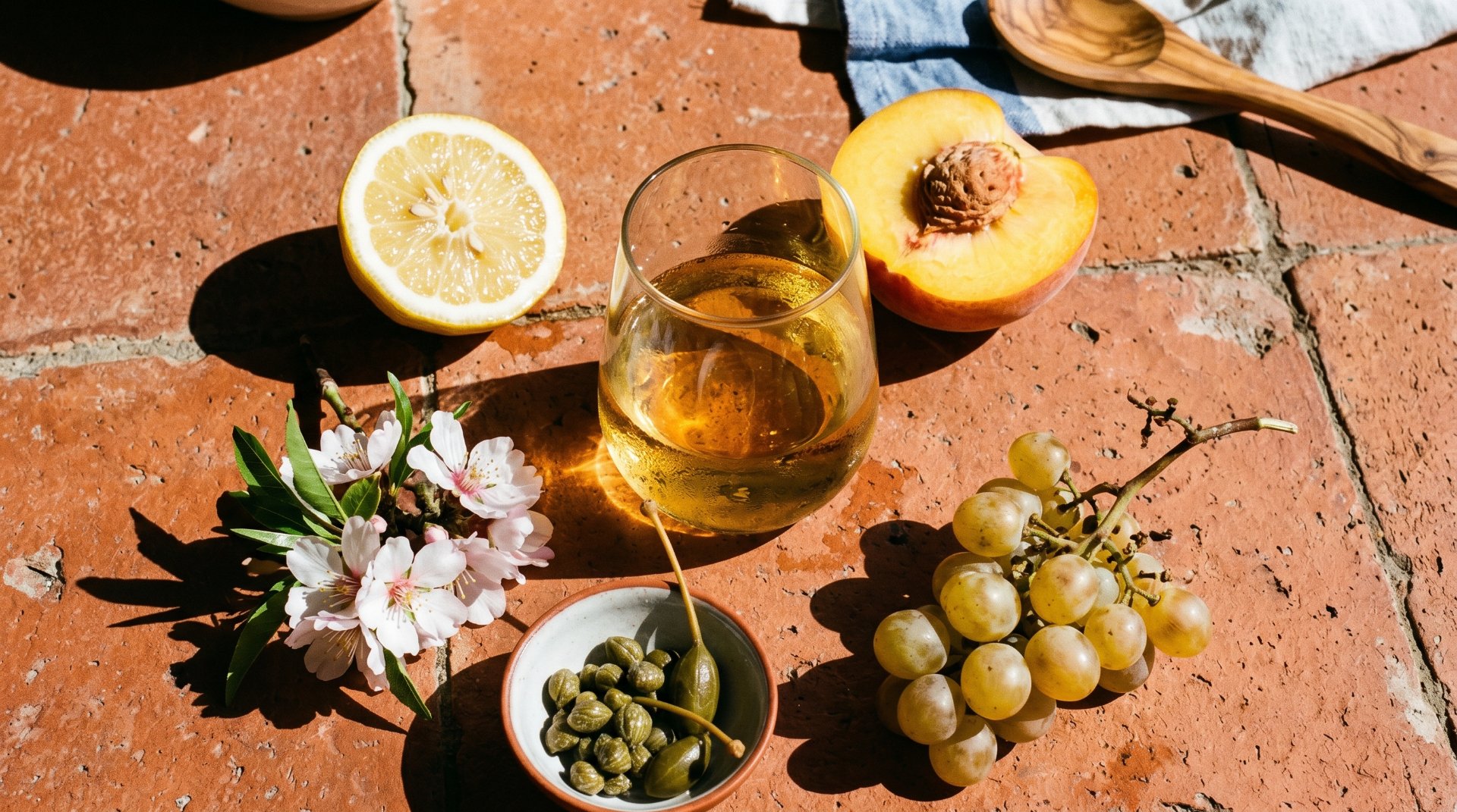 hintergrund eine rote stein terasse, darauf steht ein glas wein und drum herum sind früchte