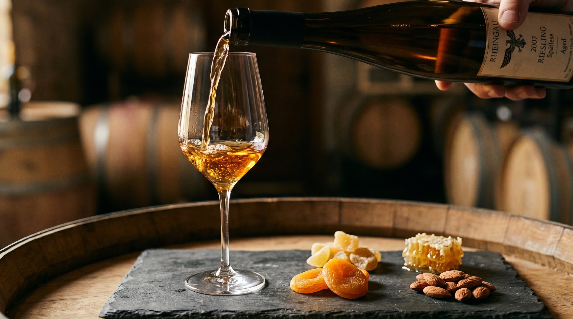 dunker raum, im mittelpunkt steht ein glas wein, welches gerade frisch eingeschenkt wird, daneben eine platte mit fr&uuml;chten