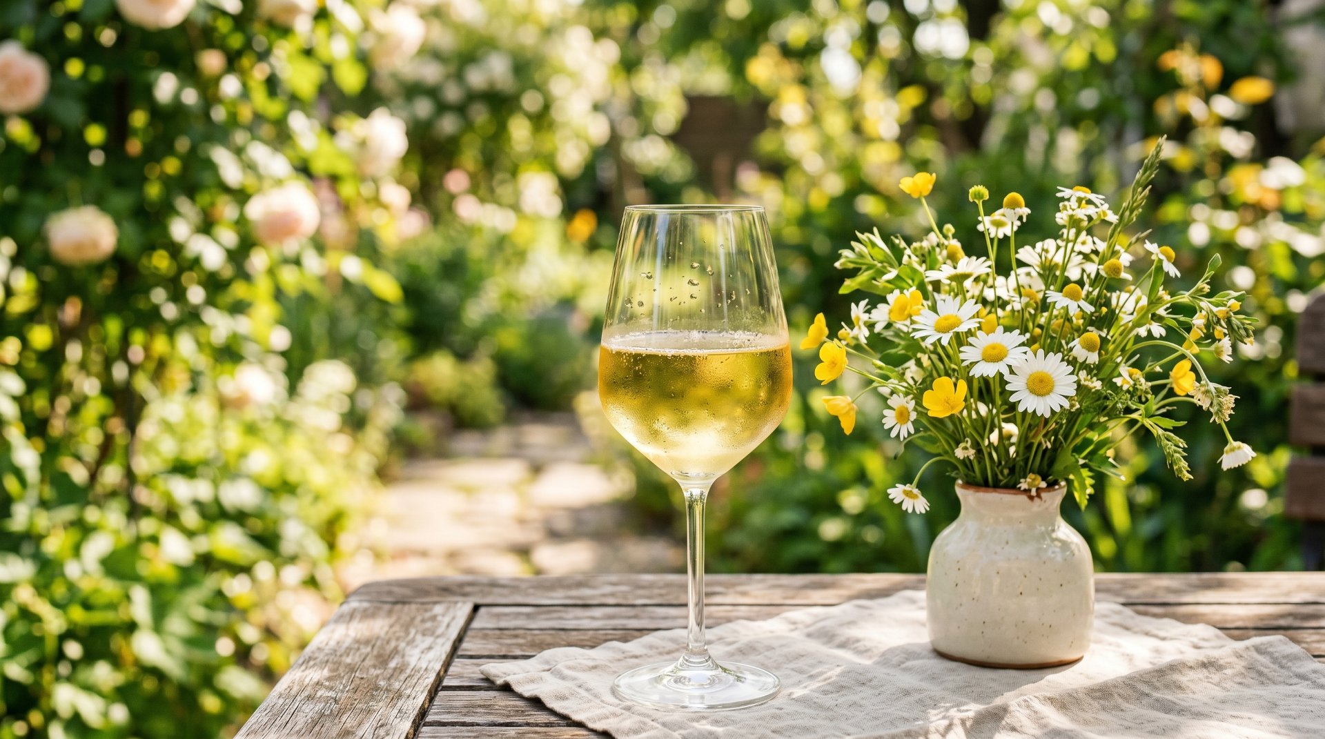 Morio Muskat Wein im Weinglas auf einem Tisch mit Blumen und Natur im Hintergrund