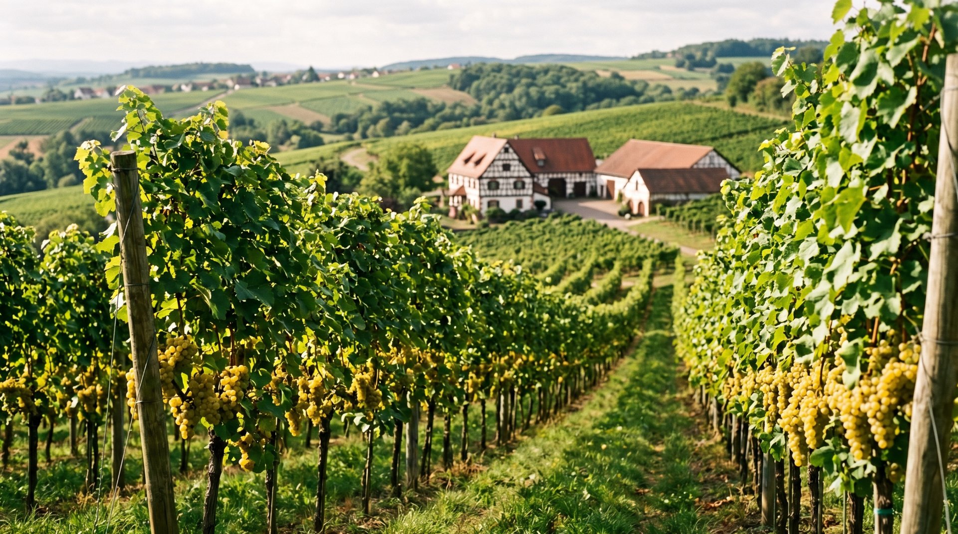 Deutsche weinreben mit einem alten Fachwerkhaus im Hintergrund
