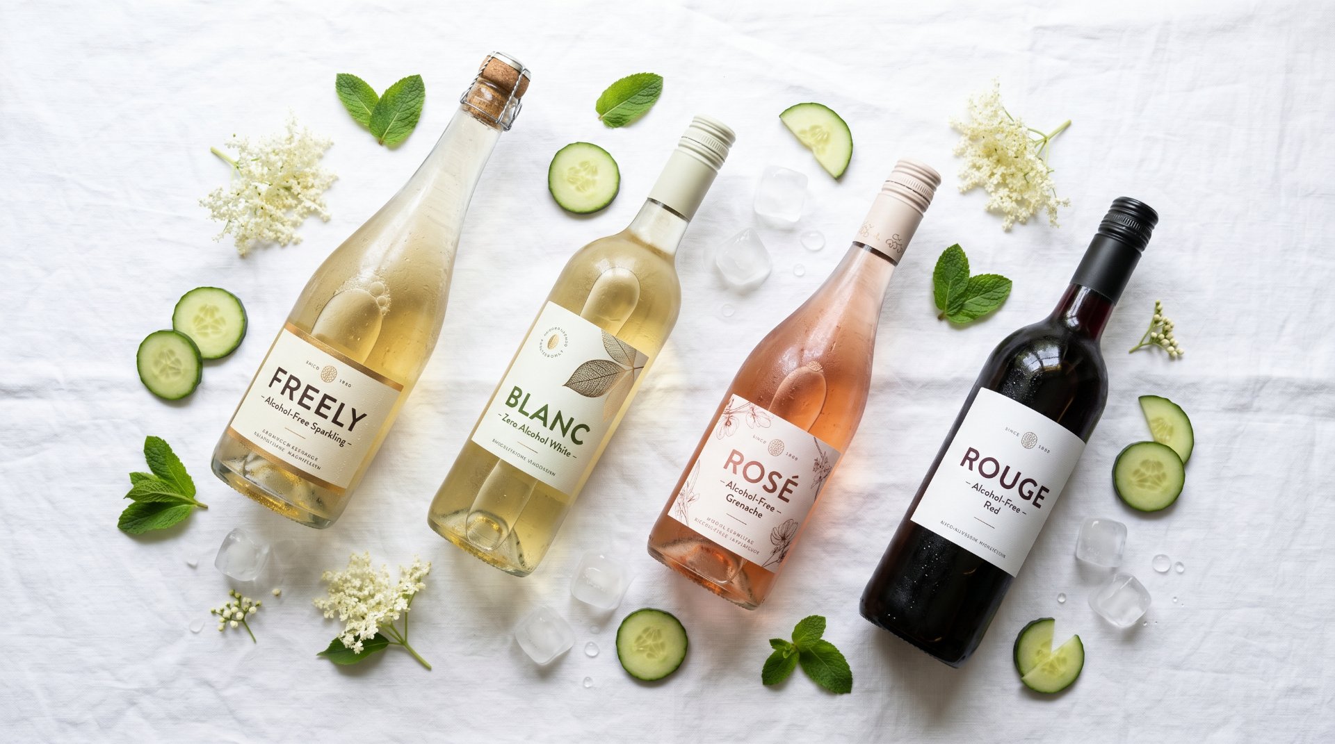 4 flaschen alkoholfreier wein liegen auf einem wei&szlig;en hintergrund, zwischen den flaschen liegen gurkenscheiben und bl&uuml;mchen