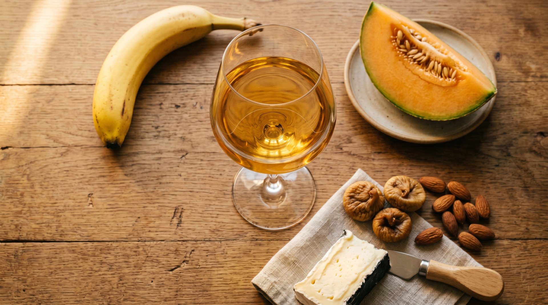 ein glas wei&szlig;wein auf einem holztisch, daneben fr&uuml;chte
