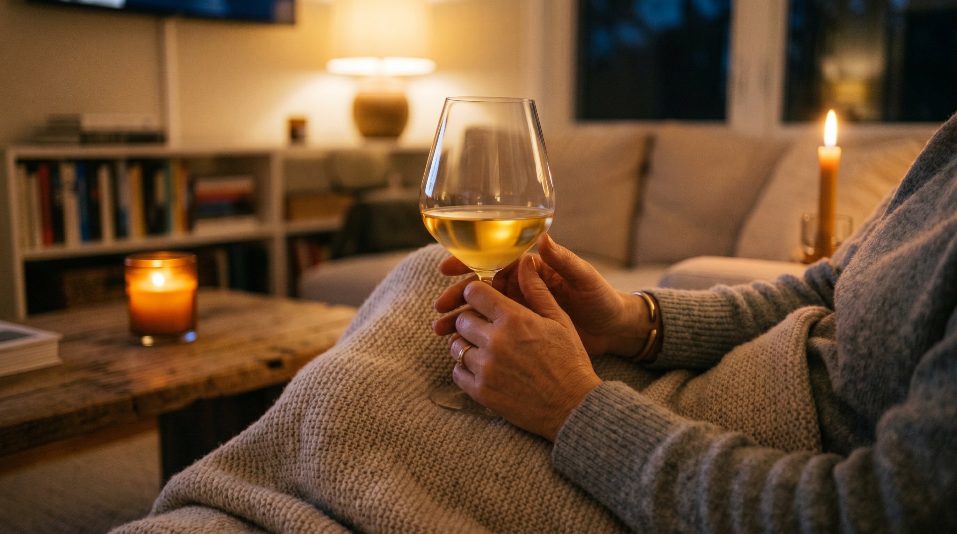 dunkler raum mit einer kerze im Hintergrund, rechts eine Frau mit einer decke au fdme Sofa mit einem glas wei&szlig;wein in der hand