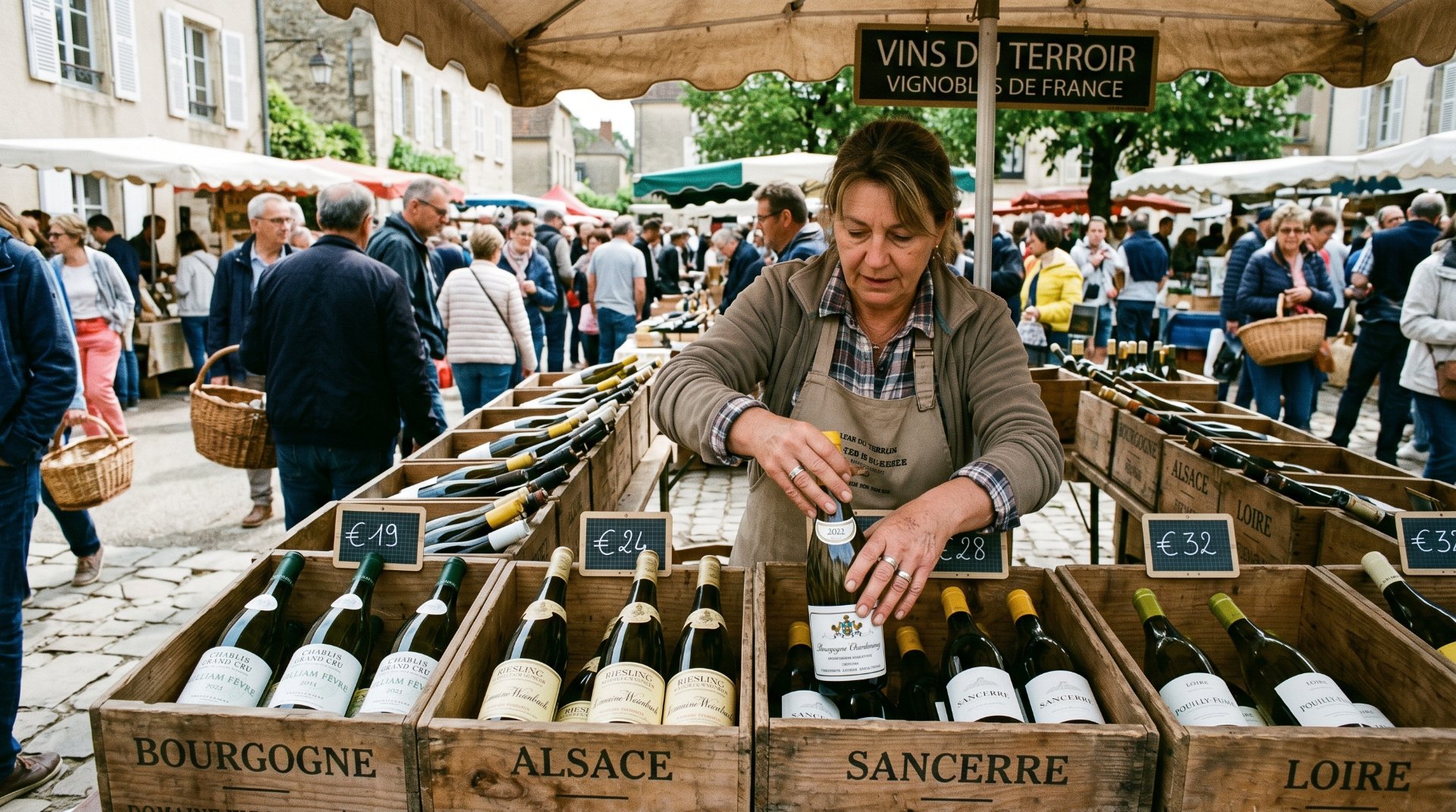 Bild von einem weinmarkt in frankreich mit menschen im Hinztergrund und einer Kiste voller weinflaschen im Vordergrund