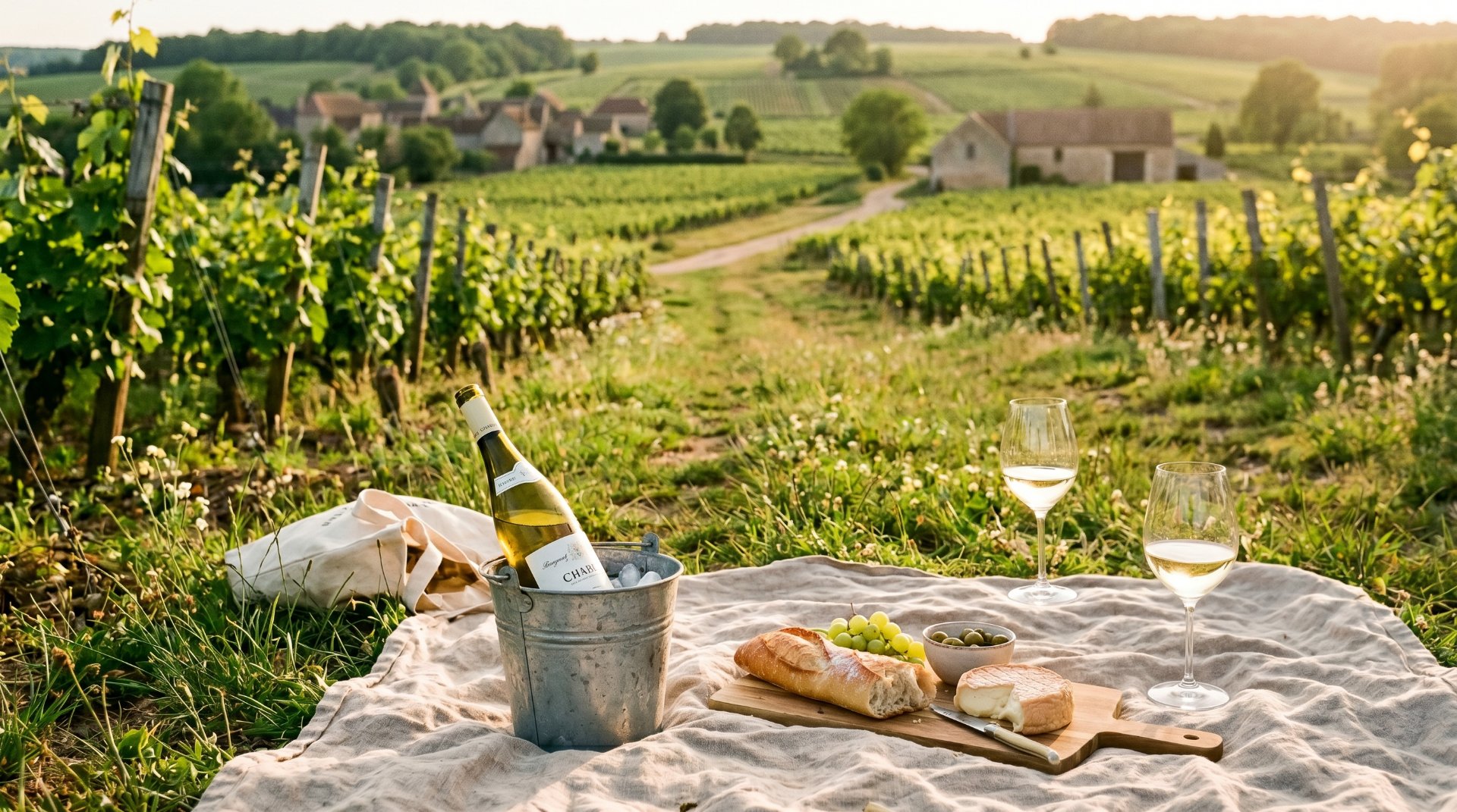 bild von einem Picnic in der franz&ouml;sichen natur im sp&auml;tsommer, auf der decke sind 2 weingl&auml;ser zu sehen und ein Korb mit einer Weinflasche