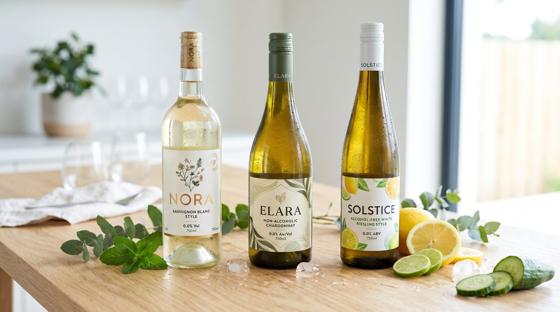 Foto von 3 weinflaschen mit 3 sorten alkoholfreien weißwein auf einem tisch in der küche