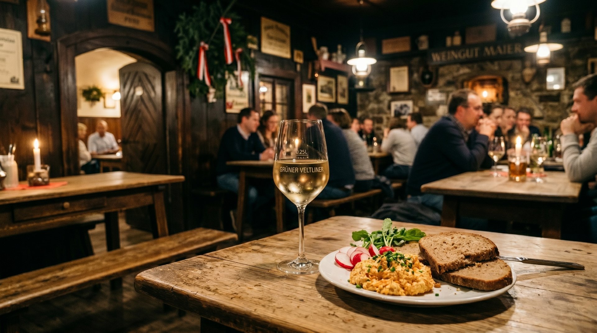 bild von einer typischen wiener taverne, ein teller mit ei udn brot steht neben einen glas wei&szlig;wein auf dem tisch, im Hintergrund viele andere Menschen und Tische