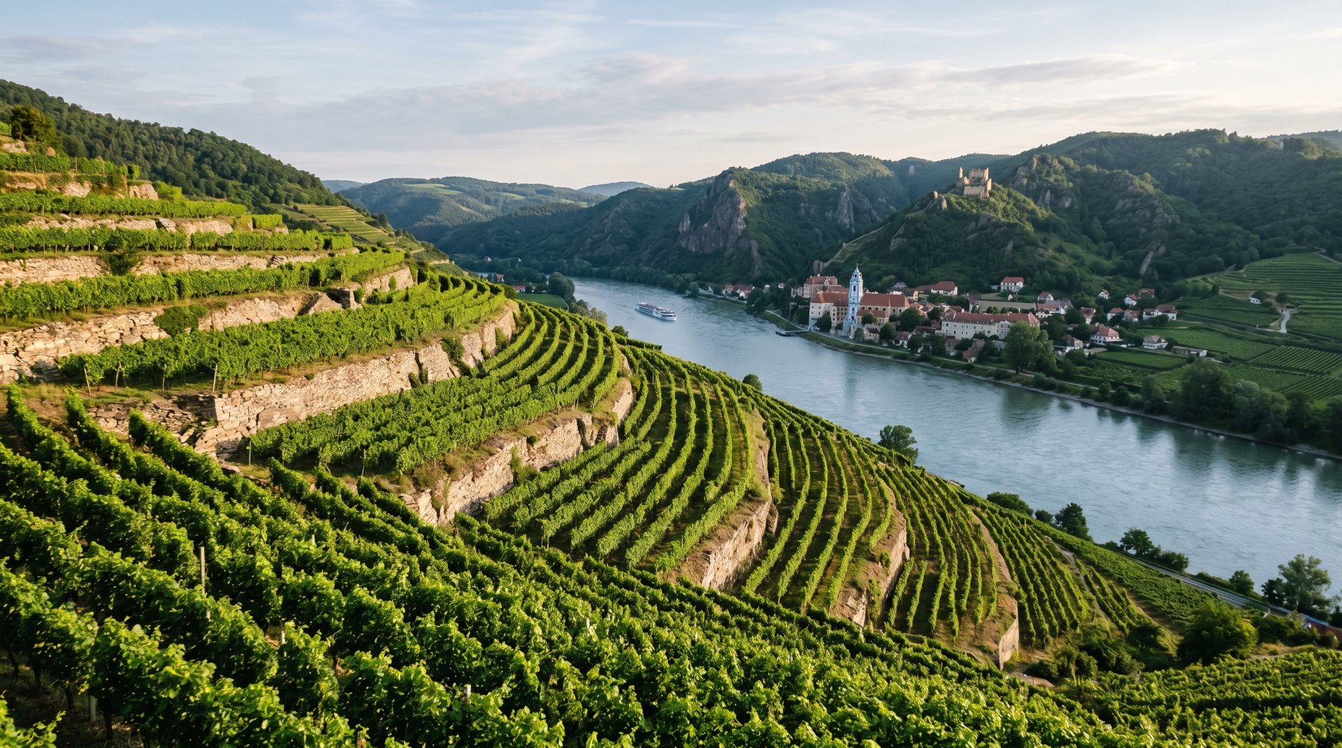 Bild vom weinreben in der Natur mit Weitblick auf ein kleines dorf